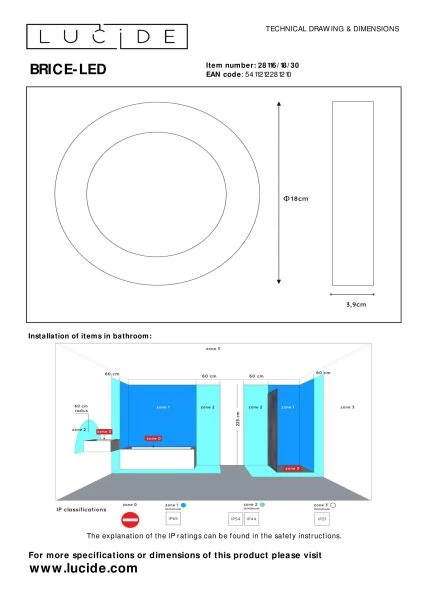 Lucide BRICE-LED - Plafonnière Badkamer - Ø 18 cm - LED Dimb. - 1x12W 3000K - IP44 - Zwart - technisch
